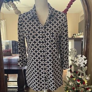 Charter Club Black and White Chain Link 3/4 Sleeve Button Front Shirt
